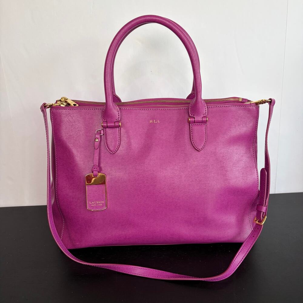 Lauren Ralph Lauren Newbury Double Zip Leather Satchel Large Crossbody Bag Pink